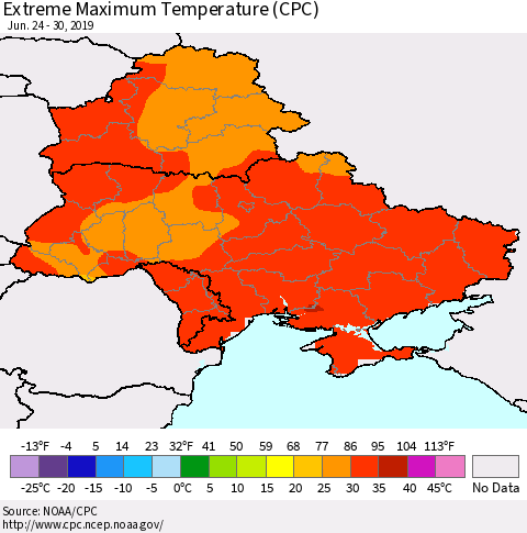 Ukraine, Moldova and Belarus Maximum Daily Temperature (CPC) Thematic Map For 6/24/2019 - 6/30/2019