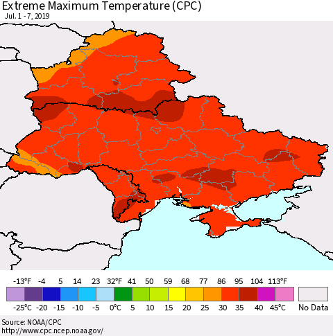 Ukraine, Moldova and Belarus Extreme Maximum Temperature (CPC) Thematic Map For 7/1/2019 - 7/7/2019