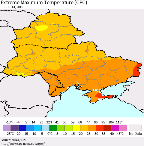 Ukraine, Moldova and Belarus Extreme Maximum Temperature (CPC) Thematic Map For 7/8/2019 - 7/14/2019