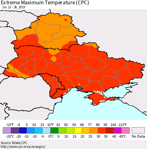 Ukraine, Moldova and Belarus Extreme Maximum Temperature (CPC) Thematic Map For 7/22/2019 - 7/28/2019
