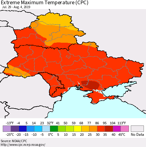 Ukraine, Moldova and Belarus Maximum Daily Temperature (CPC) Thematic Map For 7/29/2019 - 8/4/2019