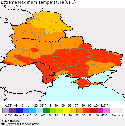Ukraine, Moldova and Belarus Extreme Maximum Temperature (CPC) Thematic Map For 8/5/2019 - 8/11/2019
