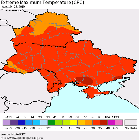 Ukraine, Moldova and Belarus Maximum Daily Temperature (CPC) Thematic Map For 8/19/2019 - 8/25/2019