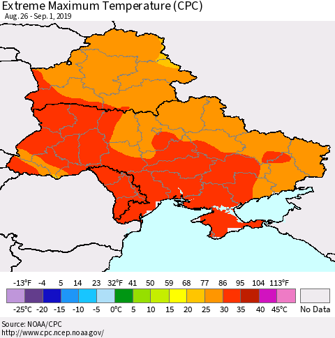 Ukraine, Moldova and Belarus Maximum Daily Temperature (CPC) Thematic Map For 8/26/2019 - 9/1/2019