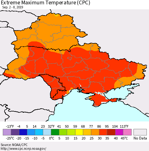 Ukraine, Moldova and Belarus Maximum Daily Temperature (CPC) Thematic Map For 9/2/2019 - 9/8/2019