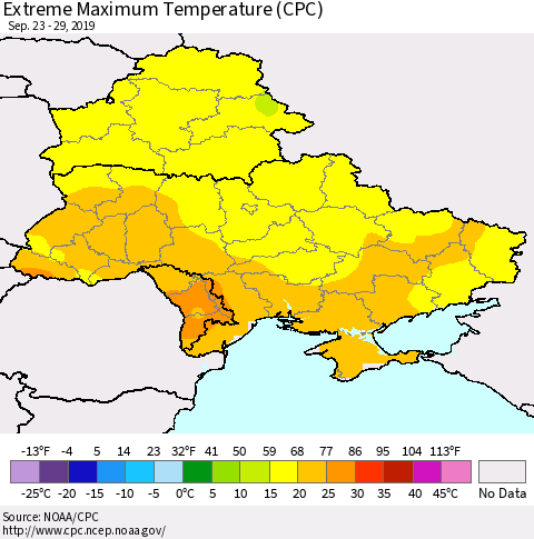 Ukraine, Moldova and Belarus Maximum Daily Temperature (CPC) Thematic Map For 9/23/2019 - 9/29/2019