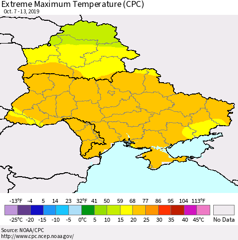 Ukraine, Moldova and Belarus Maximum Daily Temperature (CPC) Thematic Map For 10/7/2019 - 10/13/2019