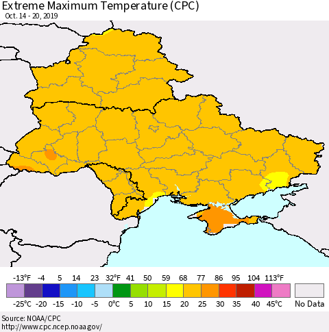 Ukraine, Moldova and Belarus Maximum Daily Temperature (CPC) Thematic Map For 10/14/2019 - 10/20/2019