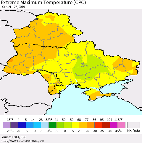 Ukraine, Moldova and Belarus Maximum Daily Temperature (CPC) Thematic Map For 10/21/2019 - 10/27/2019