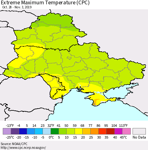Ukraine, Moldova and Belarus Maximum Daily Temperature (CPC) Thematic Map For 10/28/2019 - 11/3/2019