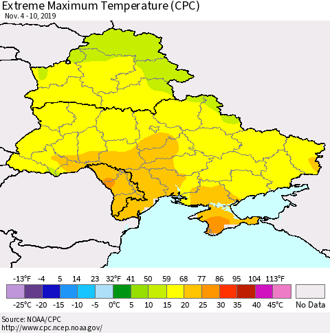Ukraine, Moldova and Belarus Maximum Daily Temperature (CPC) Thematic Map For 11/4/2019 - 11/10/2019