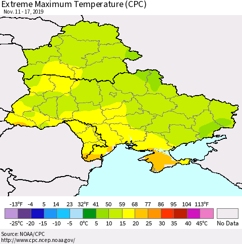 Ukraine, Moldova and Belarus Maximum Daily Temperature (CPC) Thematic Map For 11/11/2019 - 11/17/2019