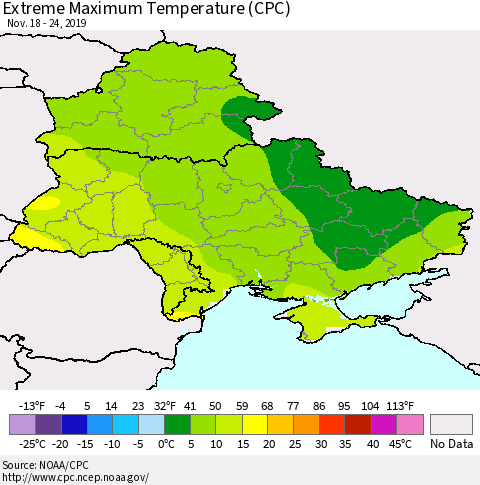 Ukraine, Moldova and Belarus Maximum Daily Temperature (CPC) Thematic Map For 11/18/2019 - 11/24/2019