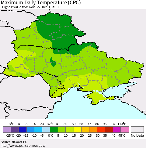 Ukraine, Moldova and Belarus Maximum Daily Temperature (CPC) Thematic Map For 11/25/2019 - 12/1/2019