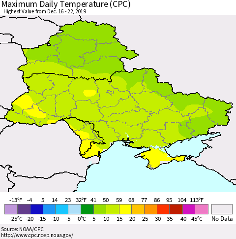 Ukraine, Moldova and Belarus Maximum Daily Temperature (CPC) Thematic Map For 12/16/2019 - 12/22/2019