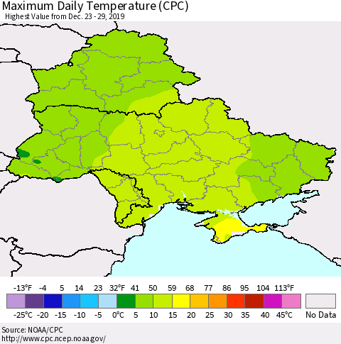 Ukraine, Moldova and Belarus Maximum Daily Temperature (CPC) Thematic Map For 12/23/2019 - 12/29/2019