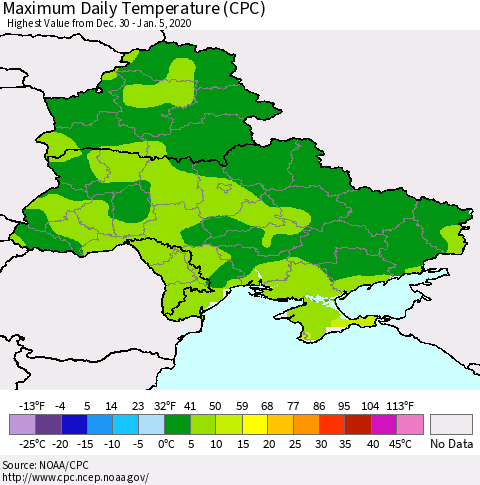 Ukraine, Moldova and Belarus Maximum Daily Temperature (CPC) Thematic Map For 12/30/2019 - 1/5/2020