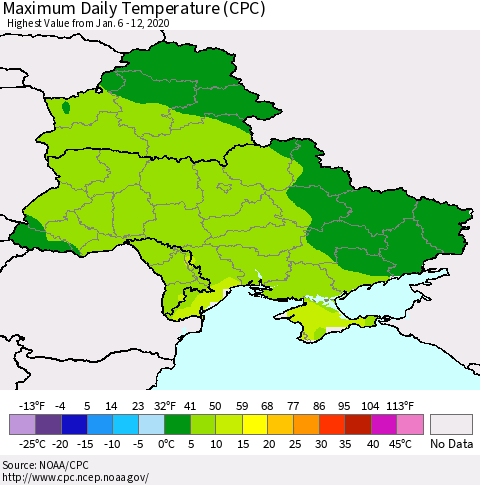 Ukraine, Moldova and Belarus Maximum Daily Temperature (CPC) Thematic Map For 1/6/2020 - 1/12/2020