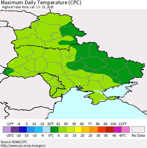 Ukraine, Moldova and Belarus Maximum Daily Temperature (CPC) Thematic Map For 1/13/2020 - 1/19/2020