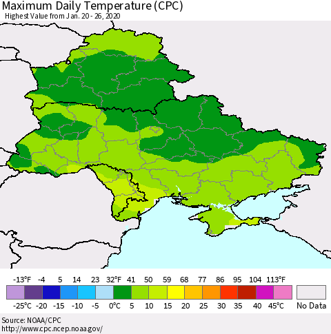 Ukraine, Moldova and Belarus Maximum Daily Temperature (CPC) Thematic Map For 1/20/2020 - 1/26/2020