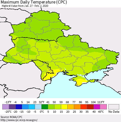 Ukraine, Moldova and Belarus Maximum Daily Temperature (CPC) Thematic Map For 1/27/2020 - 2/2/2020