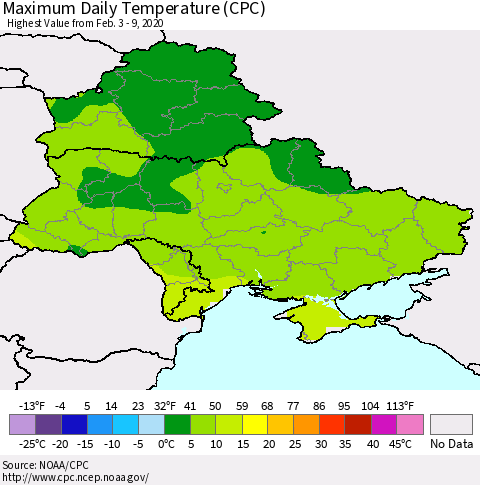 Ukraine, Moldova and Belarus Maximum Daily Temperature (CPC) Thematic Map For 2/3/2020 - 2/9/2020