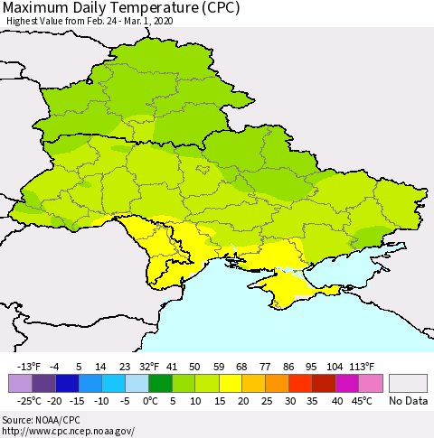 Ukraine, Moldova and Belarus Maximum Daily Temperature (CPC) Thematic Map For 2/24/2020 - 3/1/2020