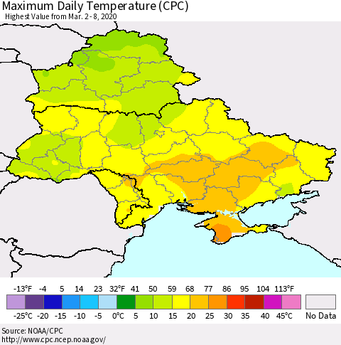 Ukraine, Moldova and Belarus Maximum Daily Temperature (CPC) Thematic Map For 3/2/2020 - 3/8/2020