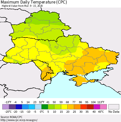 Ukraine, Moldova and Belarus Maximum Daily Temperature (CPC) Thematic Map For 3/9/2020 - 3/15/2020