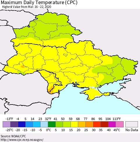 Ukraine, Moldova and Belarus Maximum Daily Temperature (CPC) Thematic Map For 3/16/2020 - 3/22/2020