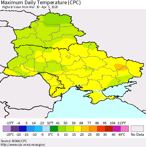 Ukraine, Moldova and Belarus Maximum Daily Temperature (CPC) Thematic Map For 3/30/2020 - 4/5/2020