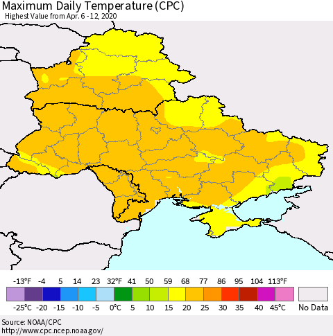 Ukraine, Moldova and Belarus Extreme Maximum Temperature (CPC) Thematic Map For 4/6/2020 - 4/12/2020