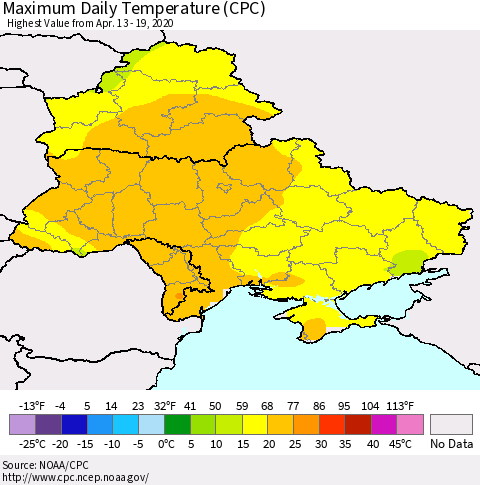 Ukraine, Moldova and Belarus Extreme Maximum Temperature (CPC) Thematic Map For 4/13/2020 - 4/19/2020