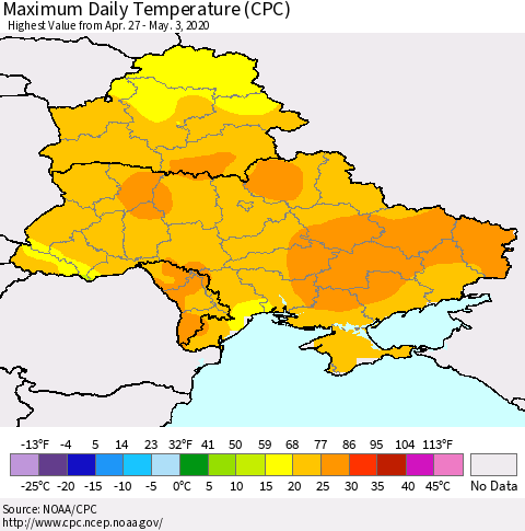 Ukraine, Moldova and Belarus Extreme Maximum Temperature (CPC) Thematic Map For 4/27/2020 - 5/3/2020