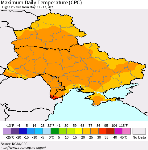 Ukraine, Moldova and Belarus Extreme Maximum Temperature (CPC) Thematic Map For 5/11/2020 - 5/17/2020