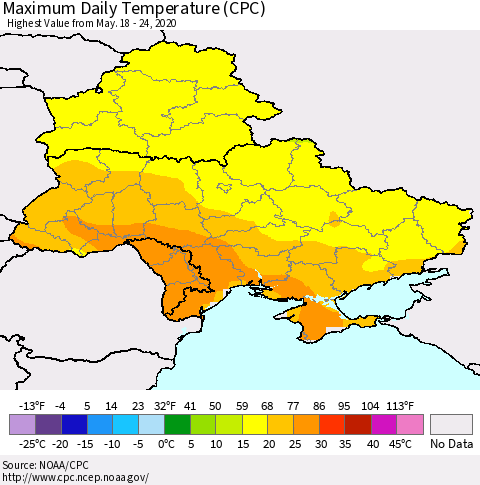 Ukraine, Moldova and Belarus Extreme Maximum Temperature (CPC) Thematic Map For 5/18/2020 - 5/24/2020
