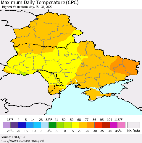 Ukraine, Moldova and Belarus Extreme Maximum Temperature (CPC) Thematic Map For 5/25/2020 - 5/31/2020