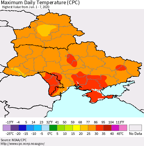 Ukraine, Moldova and Belarus Maximum Daily Temperature (CPC) Thematic Map For 6/1/2020 - 6/7/2020