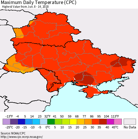 Ukraine, Moldova and Belarus Extreme Maximum Temperature (CPC) Thematic Map For 6/8/2020 - 6/14/2020