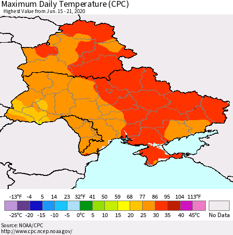 Ukraine, Moldova and Belarus Extreme Maximum Temperature (CPC) Thematic Map For 6/15/2020 - 6/21/2020