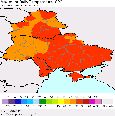 Ukraine, Moldova and Belarus Extreme Maximum Temperature (CPC) Thematic Map For 6/22/2020 - 6/28/2020