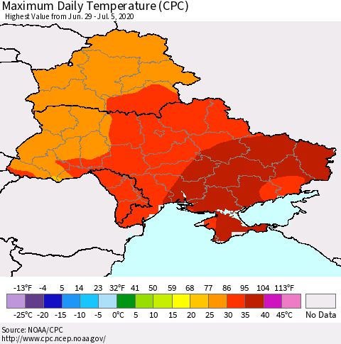 Ukraine, Moldova and Belarus Extreme Maximum Temperature (CPC) Thematic Map For 6/29/2020 - 7/5/2020
