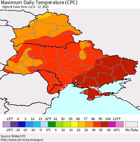 Ukraine, Moldova and Belarus Extreme Maximum Temperature (CPC) Thematic Map For 7/6/2020 - 7/12/2020