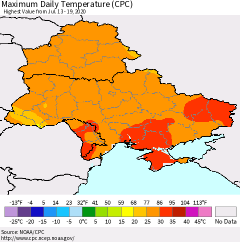 Ukraine, Moldova and Belarus Extreme Maximum Temperature (CPC) Thematic Map For 7/13/2020 - 7/19/2020