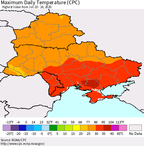 Ukraine, Moldova and Belarus Extreme Maximum Temperature (CPC) Thematic Map For 7/20/2020 - 7/26/2020