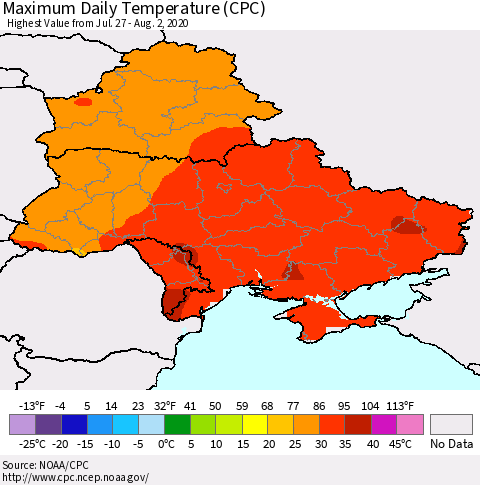 Ukraine, Moldova and Belarus Extreme Maximum Temperature (CPC) Thematic Map For 7/27/2020 - 8/2/2020