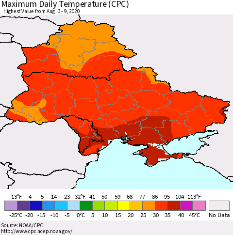 Ukraine, Moldova and Belarus Extreme Maximum Temperature (CPC) Thematic Map For 8/3/2020 - 8/9/2020
