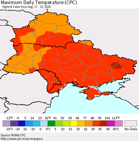 Ukraine, Moldova and Belarus Extreme Maximum Temperature (CPC) Thematic Map For 8/17/2020 - 8/23/2020