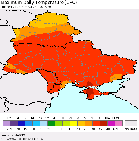 Ukraine, Moldova and Belarus Maximum Daily Temperature (CPC) Thematic Map For 8/24/2020 - 8/30/2020