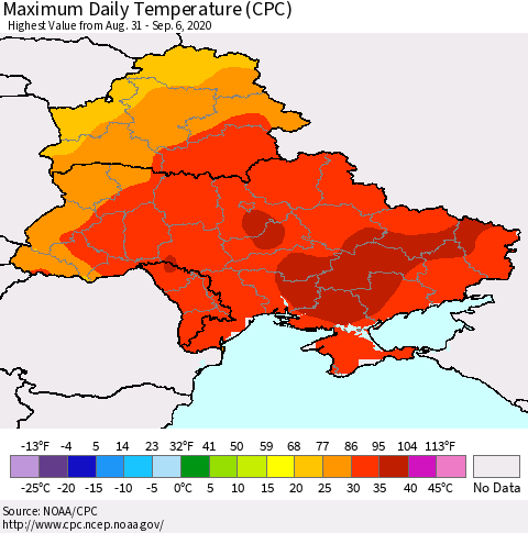 Ukraine, Moldova and Belarus Extreme Maximum Temperature (CPC) Thematic Map For 8/31/2020 - 9/6/2020
